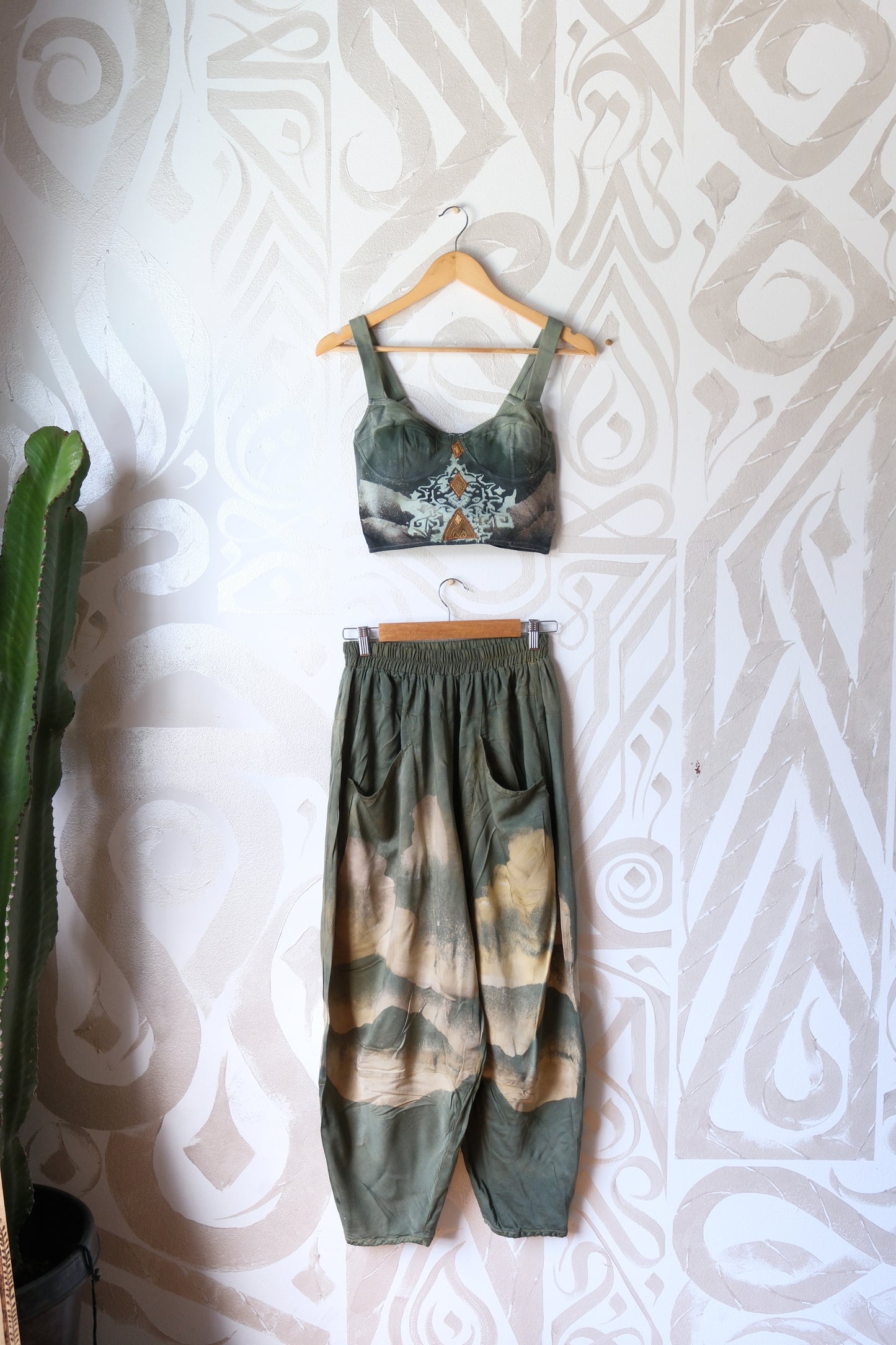 S/M- Jasmine Parachute Pants - Landscape soothe - Clouds - Agave - Made from milky soft  organic lotus plant waste - Vegan "silk