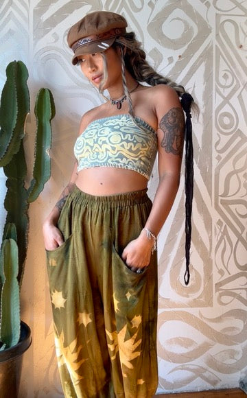S/M - Olive Green Star Burst - Parachute Pants - Made from Lotus Agricultural Waste Vegan Silk-