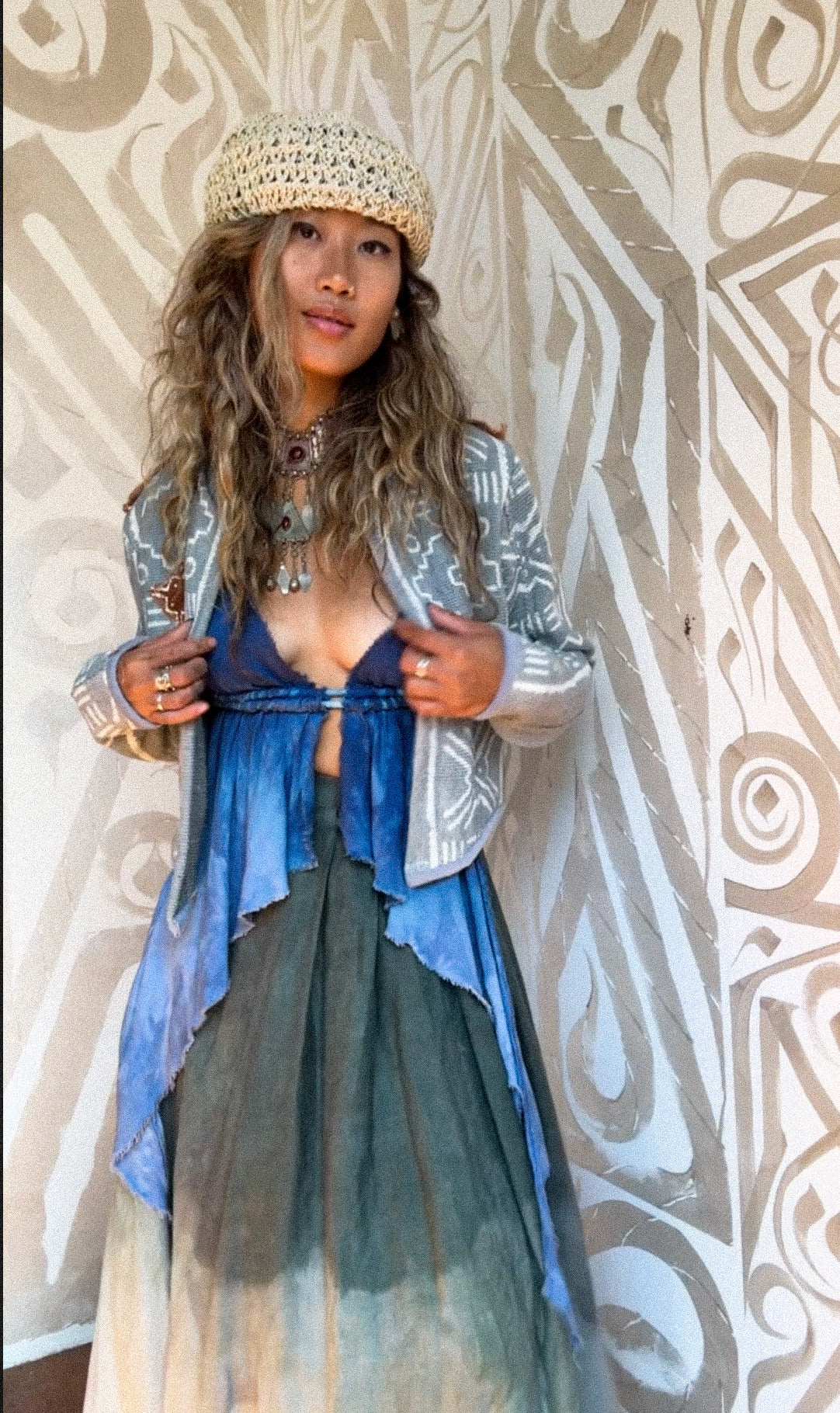 Blue Clay - 2 Mud Cloth Crop Jacket Custom Slots - Statement Jacket - Plant/Dyed Mud Dyed Printed Hand woven 100% Cotton - Authentic African Mud Cloth