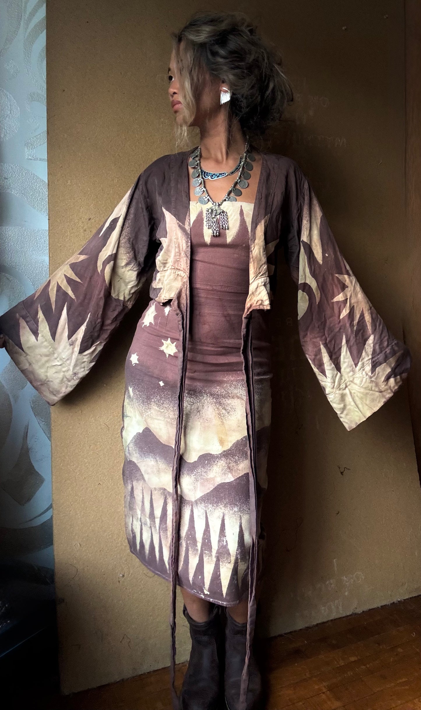 S/M- Mauve Starburst -Kimono Wrap Top- RTS- Regal/Casual - Bell sleeves- Made From Lotus Agricultural waste "Silk"