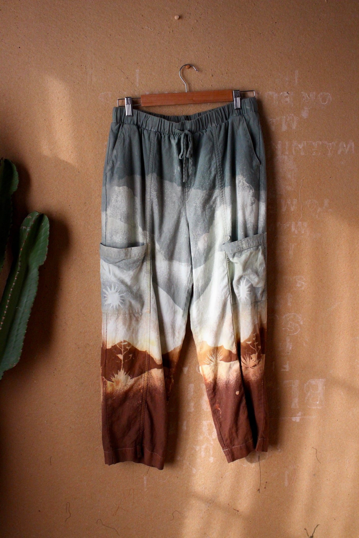 2 Pants OOAK Medium/Large- Landscape - Temple Swirl - 55% linen 45% Rayon Stretch Waist- Regenerazhinh Upcycled Pants (Copy)