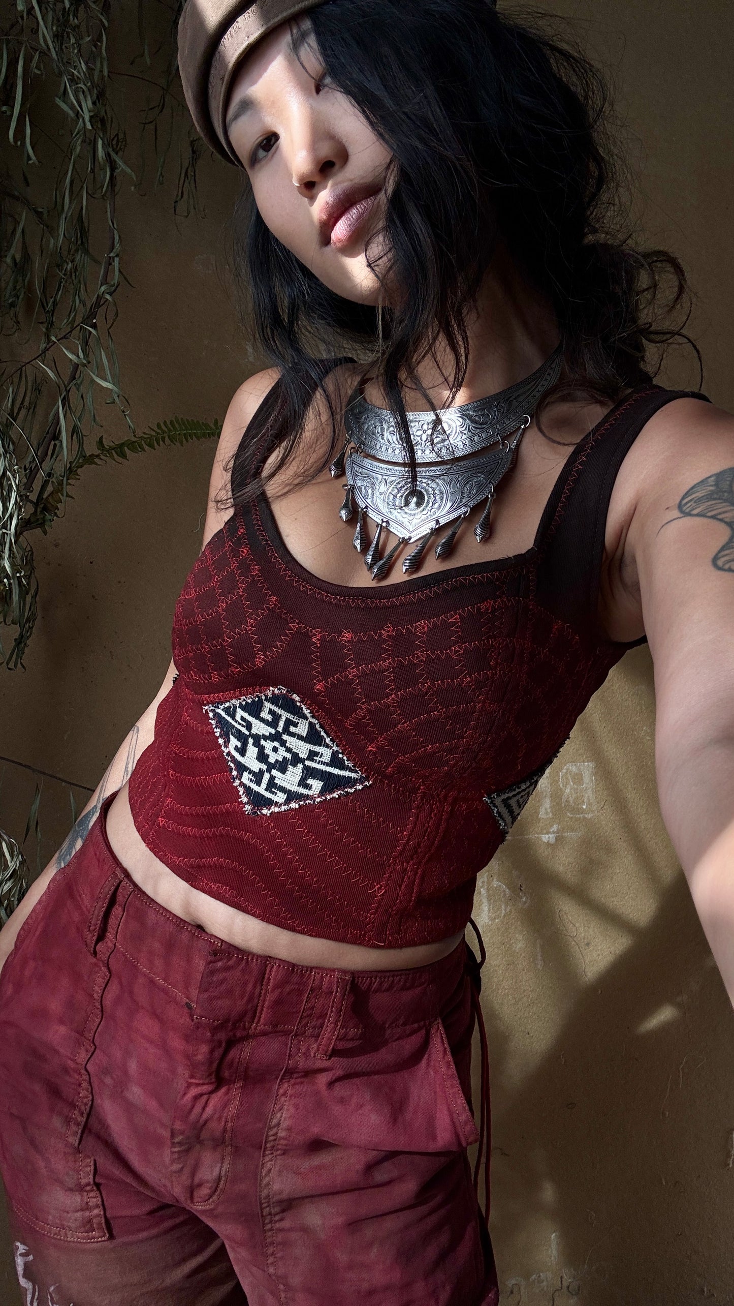 RTS -Fits XS and Small- Continuum Integration-Charcoal Embers Corset Top -Ready to Ship- Hand dyed-70's Vintage Vietnamese Hmong hilltribe woven textile patches