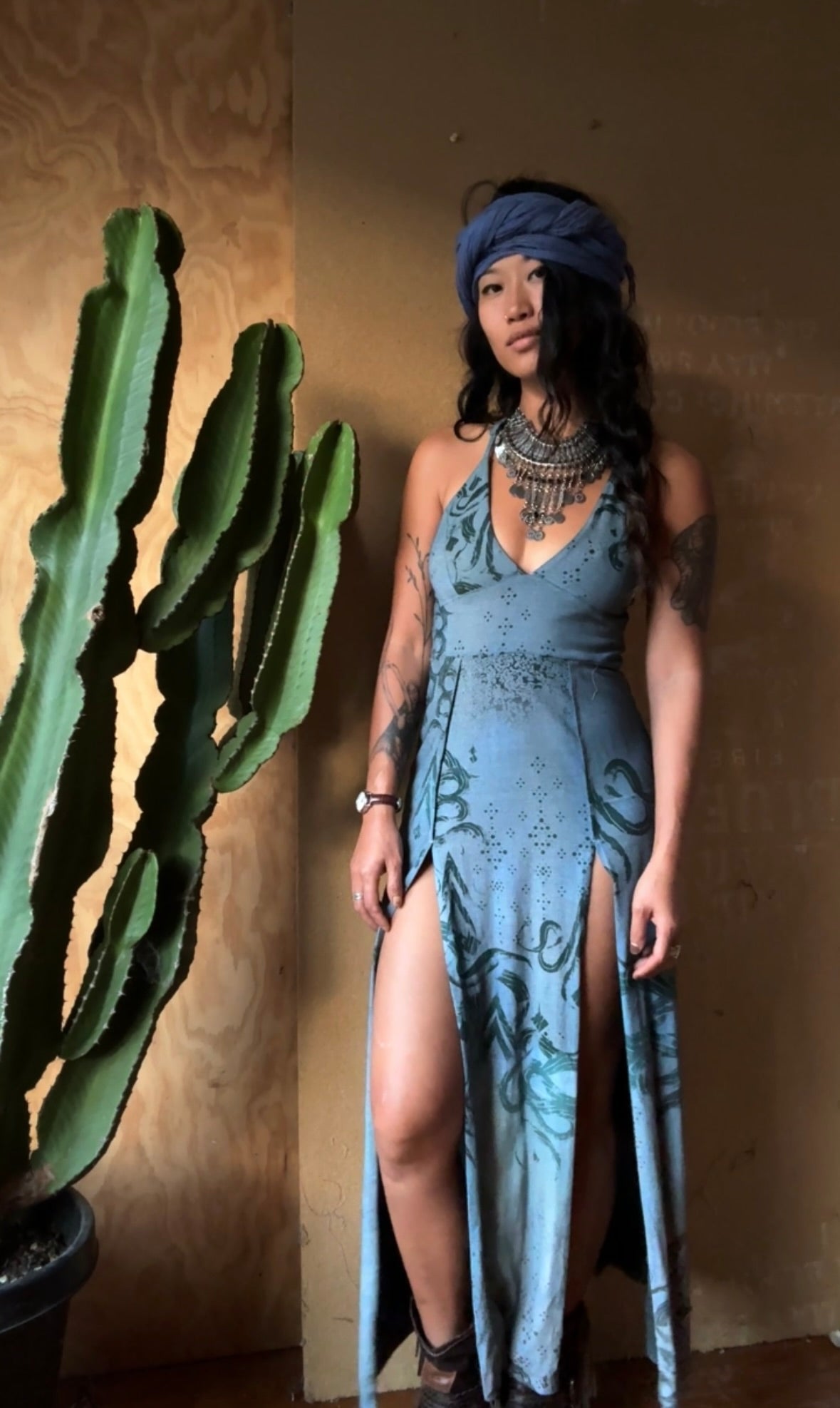 Medium - Midnight Secrets - Limited series -Darkoski X Zhinh Collaboration Empress Warrior Slit Dress- Screen Printed 66% bamboo, 26% cotton, 8% spandex - Recommended for 5.5ft and under -