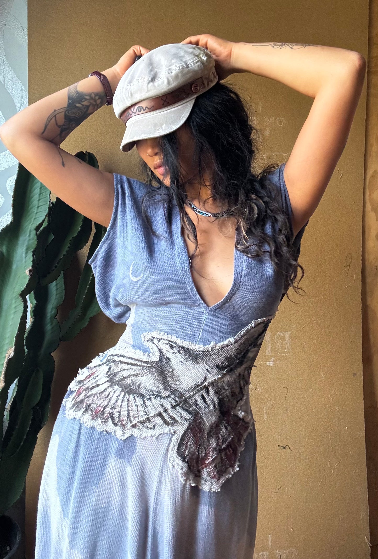 Petite (Fits XS/S/M) Tall Maxi Dress (can Hem If requested) And rise neckline too if needed - Silver Cloudy Sky Henka Dress - Hawk Spirit signs -Tie Back Hand painted Hawk patch - (Copy)