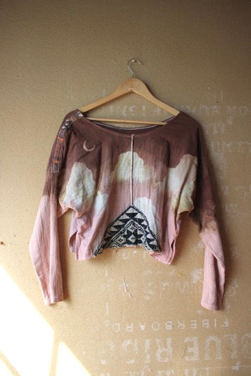 Medium - OOAK - Muave CLoudy Sky Slouchy Long Sleeve Top -Integration- 100% Heavy weight triple layered Cotton Gauze - Feather trim shoulders- Slight Crop. Vintage hmong hilltribe vietnamese patch hand woven