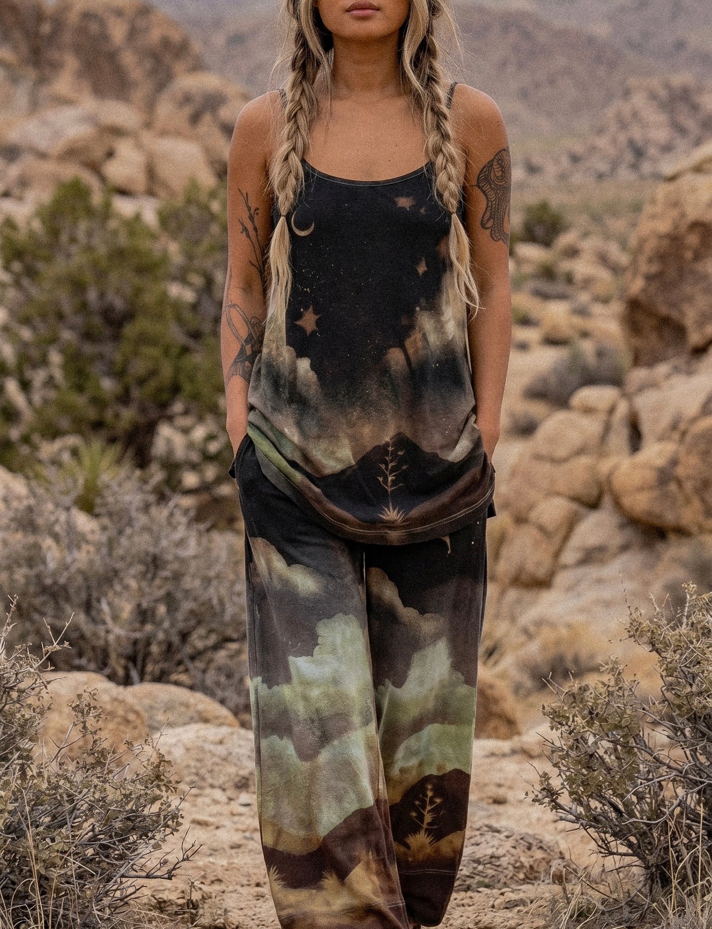 Full of Wonder SET (Fits - small and medium) Top and wide legged Pants - Adjustable Top straps - long tail fountain back - OOAK- One of one design- 100% Organic Cotton(has stretch to it and generous stretch waist pants ) soft