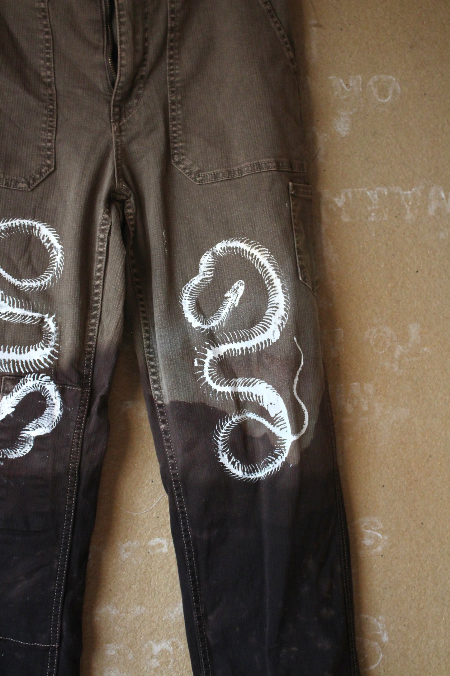 Size 8-10  - Serpent Bones Pants Upcycled - 29x30 - screen printed -hand dyed -98% Cotton 2% Spandex