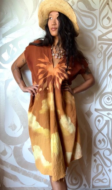 Petite(Fits XS/S/M) - RISE N SHINE Sun Dress- Mini Henka Dress- deadstock fabric - 100% open weave cotton - tie back transformable cinch waist