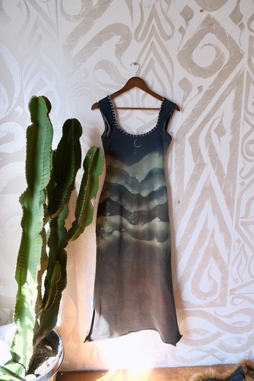 SMALL -Mountain Howl Basket Dress - OOAK - Hand Embroidered - Maxi Dress - 96% Organic Cotton 4% Spandex