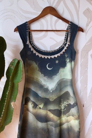SMALL -Mountain Howl Basket Dress - OOAK - Hand Embroidered - Maxi Dress - 96% Organic Cotton 4% Spandex