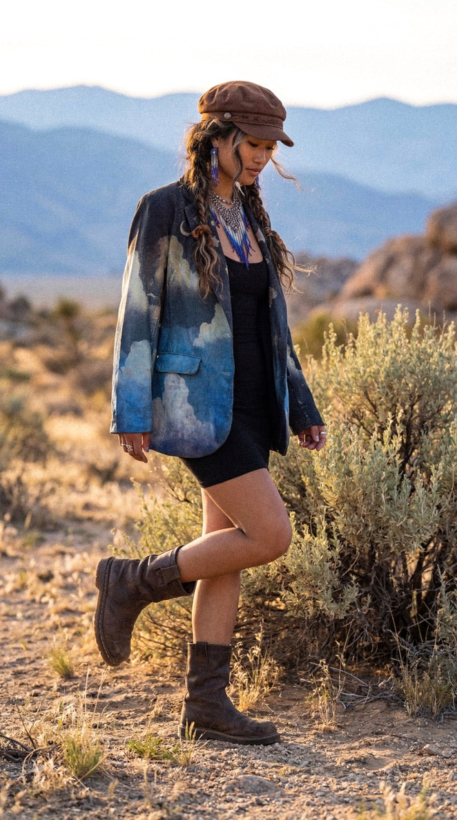 Small - Business with the Midnight Sky Blazer -Linen - Upcycled - Small - padded shoulder - Business Playful