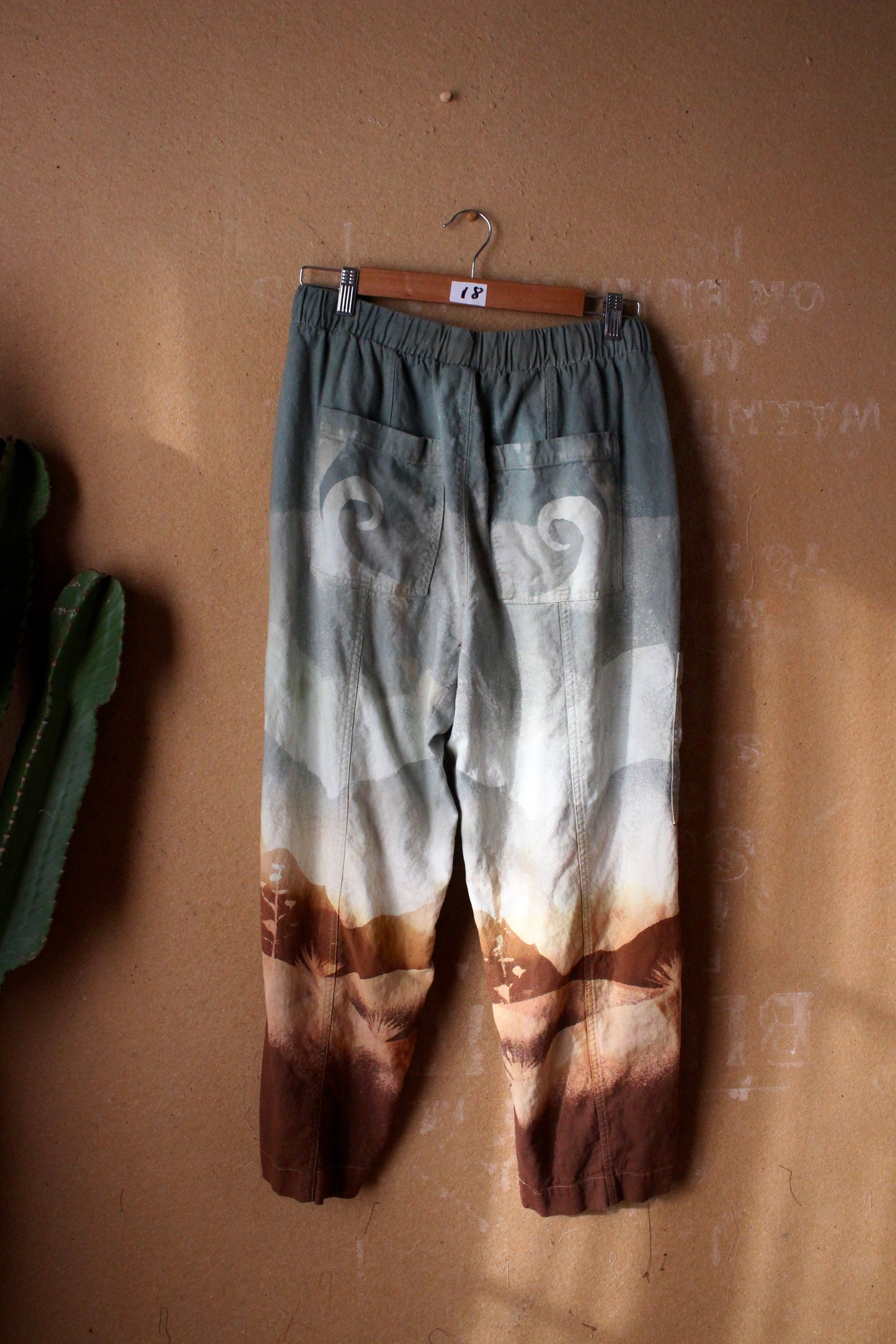 2 Pants OOAK Medium/Large- Landscape - Temple Swirl - 55% linen 45% Rayon Stretch Waist- Regenerazhinh Upcycled Pants (Copy)