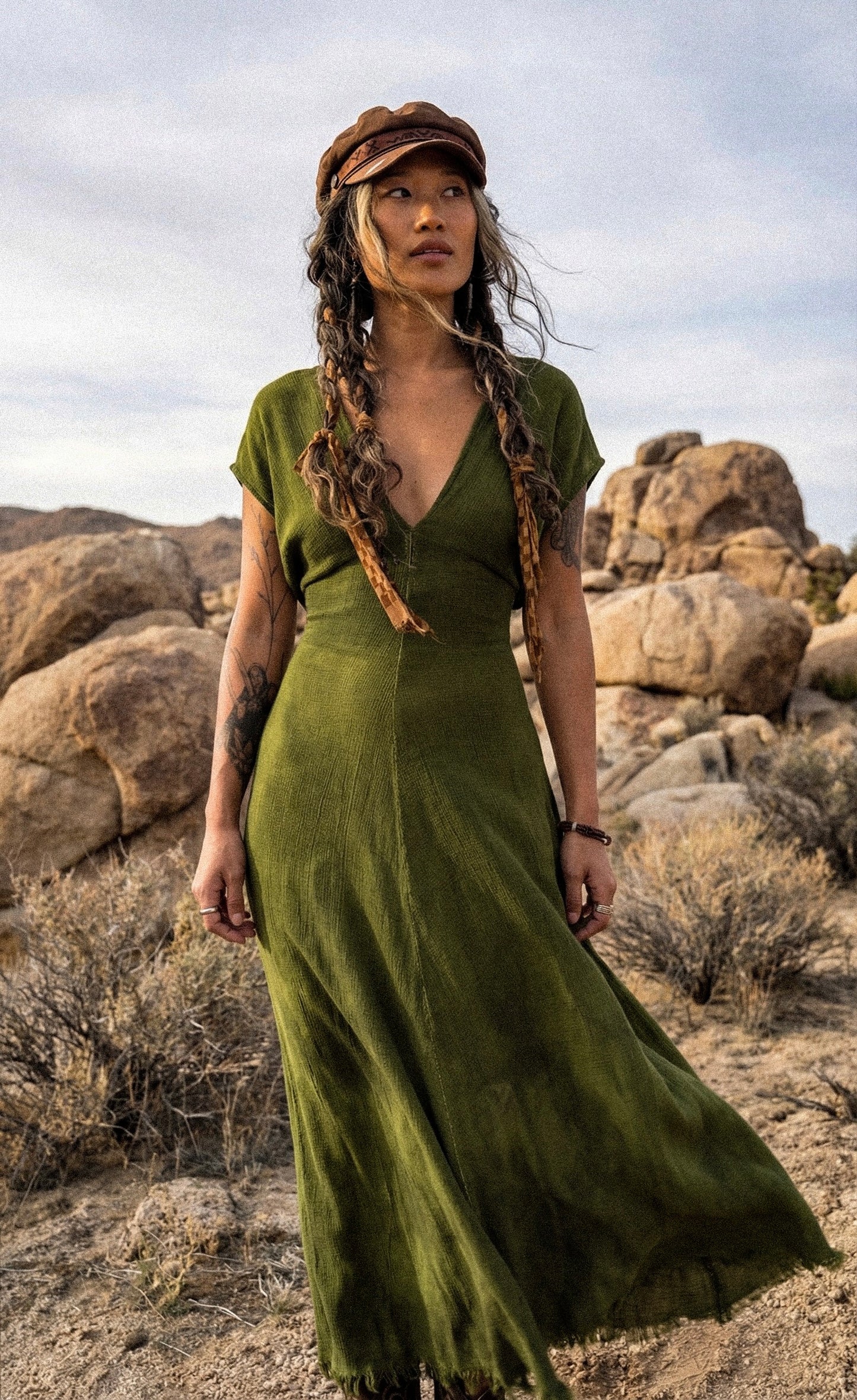1 MTO Slot- The Moss Henka Dress- Maxi or Midi option -Made to Order (4weeks) Limited Series- Olive Green Henka Dress - 100% Novelty Cotton - Deadstock Fluid and very soft&textured - limited series- hand dyed in studio