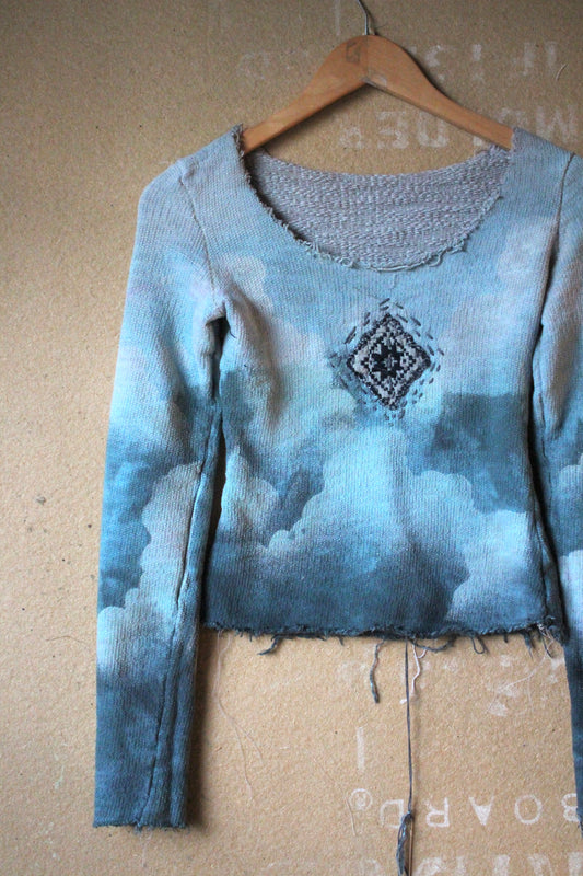 Small - Cloudy Sky Long sleeve Sweater top Integration-limited- Crop is Optional- Hand embroidered details- 70's Hmong hill tribe Handwoven Patch -100% Italian French Terrry Cotton -