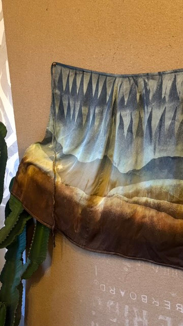 S/M - The Cold Front over the Desert -OOAK Landscape Tapestry Wrap Skirt-  Orange peel waste "silk" Fabric- Dip dyed- Handcut Stencil design