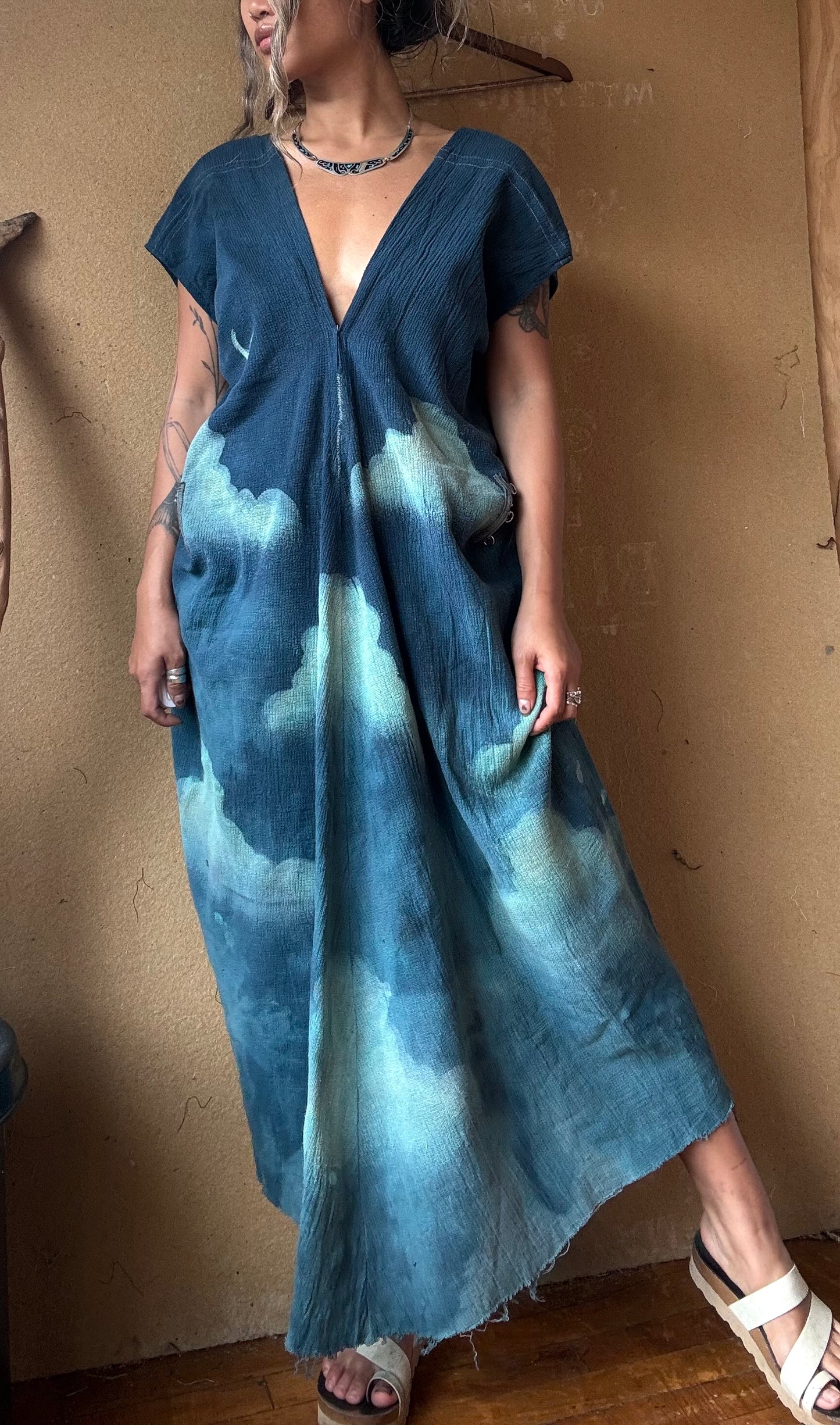 Blue Skies Henka Dress - Regular Free Size (Fits S-M-L)- Textured - Made from 100% Deadstock cotton - heavy weight gauzy like material