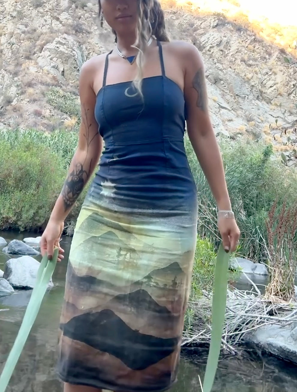 Small -  In the Mountains- Dress - Tie Back & Zipper - 50% Linen  48% Rayon  2% Spndx - Adjustable Straps-Upcycled Regenerazhinh -OOAK