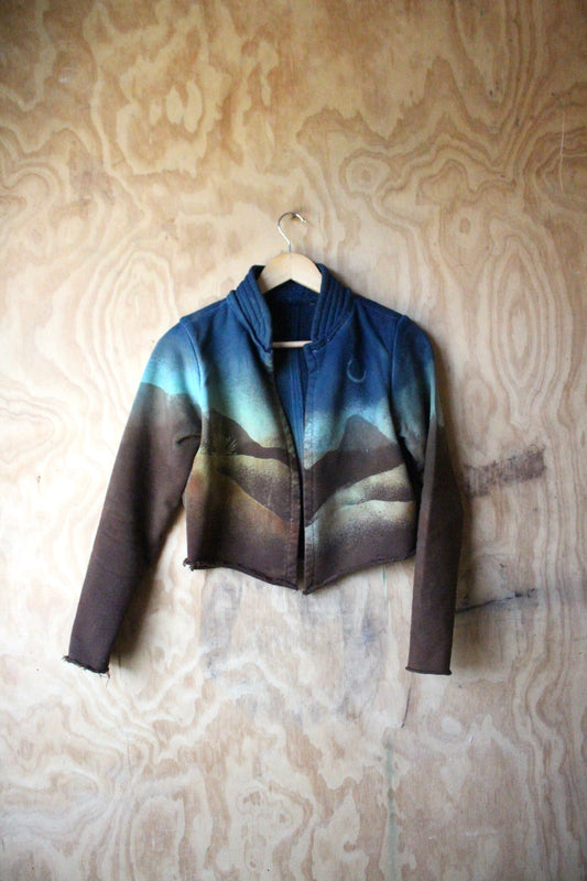 XS -Midnight Landscape - Crescent Moon - Cropped Cadet Jacket  - 100% Cotton french Terry Thick sturdy heavy weight - warm - Deadstock fabric - High collar-