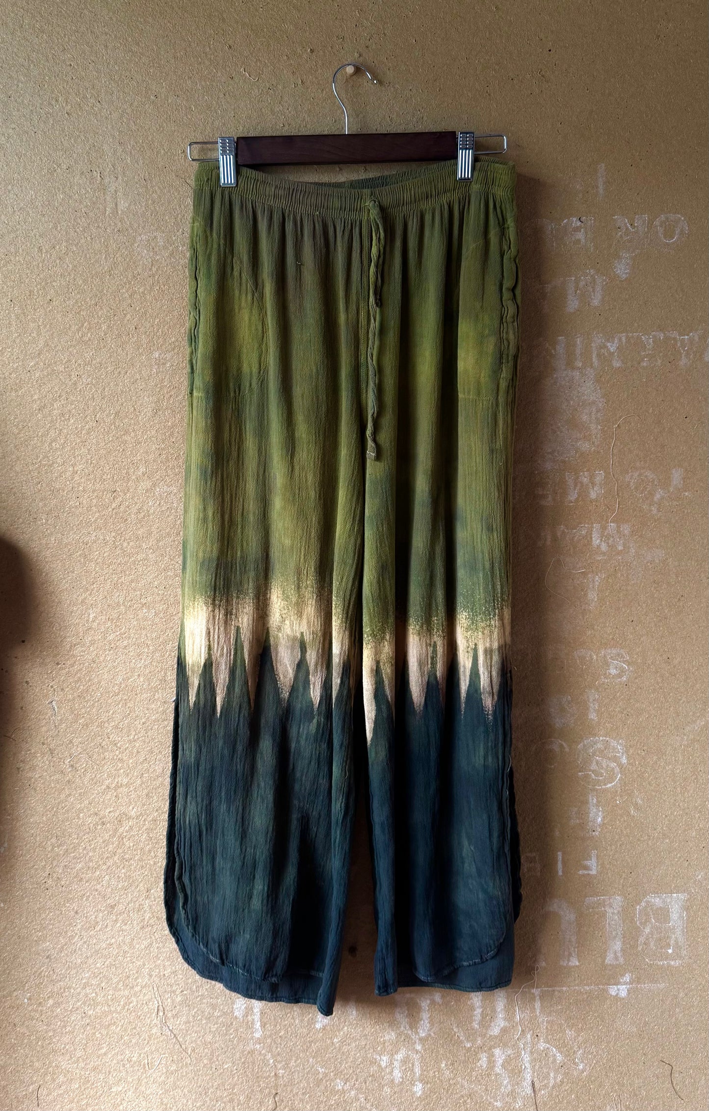 9 Pants - Small (Short) GREEN Mountianous - 100%  Cotton Gauze- Airy- Stretch Waist -  Side bottom pants slits-Regenerazhinh Upcycled Pants (Copy)