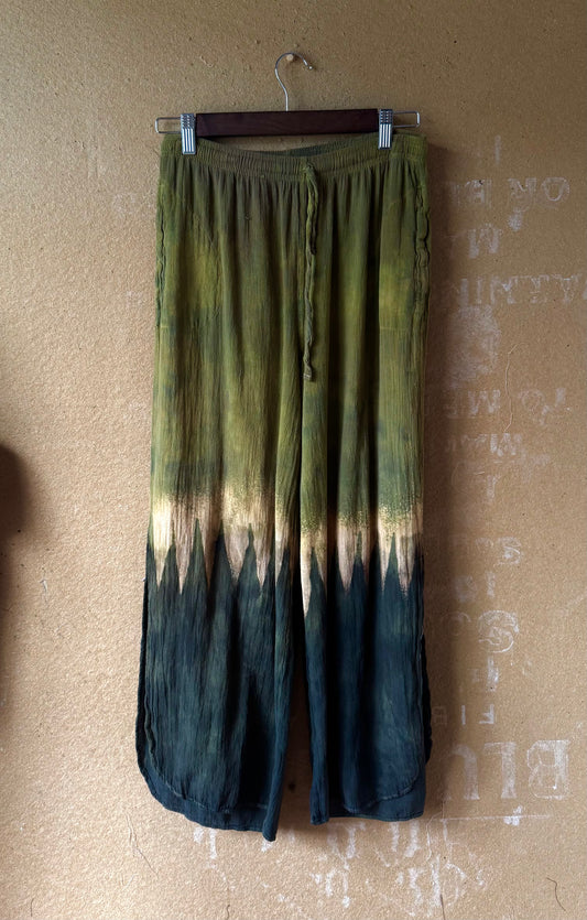 9 Pants - Small (Short) GREEN Mountianous - 100% Cotton Gauze- Airy- Stretch Waist - Side bottom pants slits-Regenerazhinh Upcycled Pants (Copy)