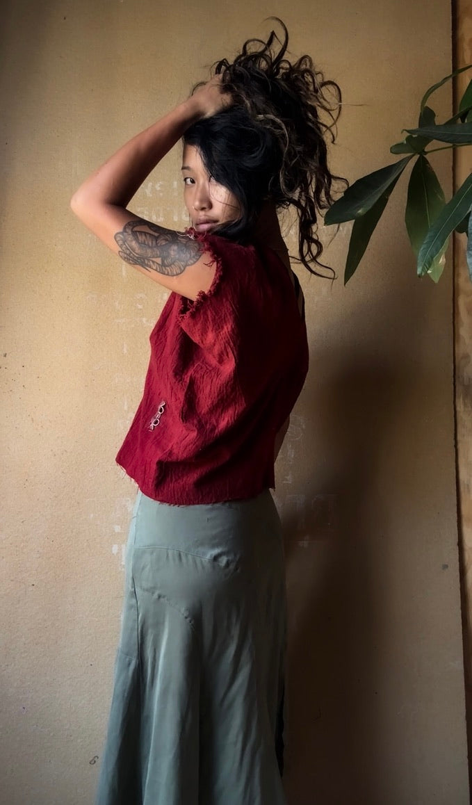 RTS - Petite (XS/S/M) The Bleed Henka Top - Organic Rain fed hand woven Kala Cotton- Hand dyed