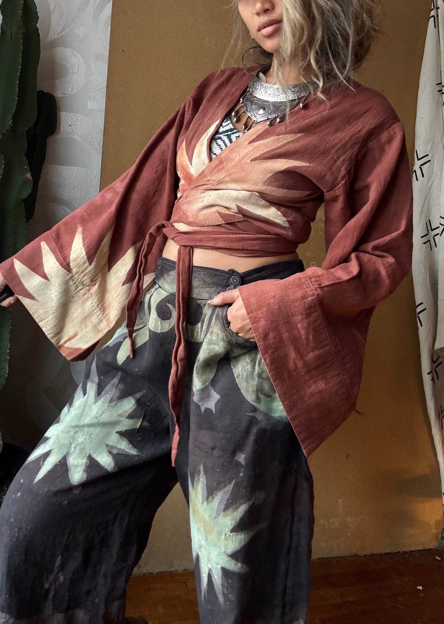 Small/Medium - Mysteries of transformation Pants - OOAK Wide Legged - Short - 100% LinenLinen Pants - upcycled/ Regenerazhinh