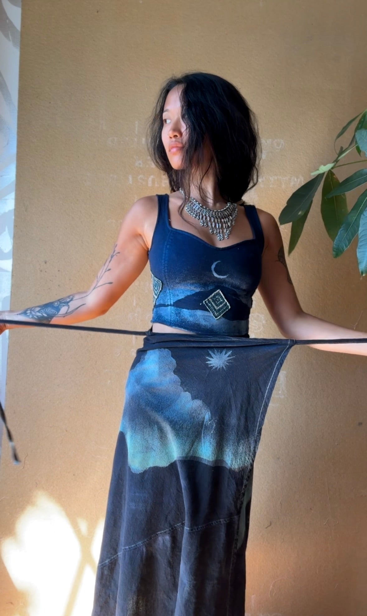 Fits Small & Medium Midnight Moon SET - Corset Top and Wrap Skirt - Vintage 70's Hmong HIll Tribe Vietnamese Patch