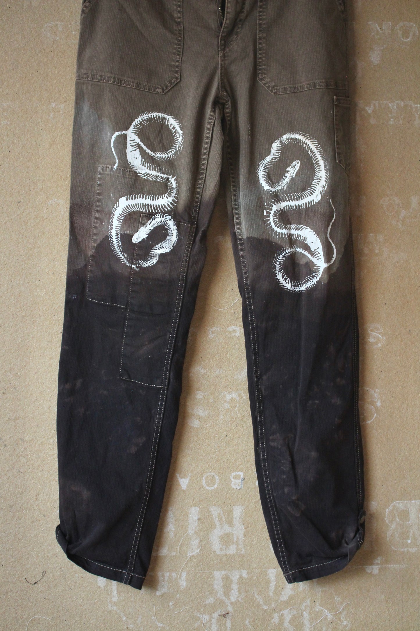 Size 8-10  - Serpent Bones Pants Upcycled - 29x30 - screen printed -hand dyed -98% Cotton 2% Spandex