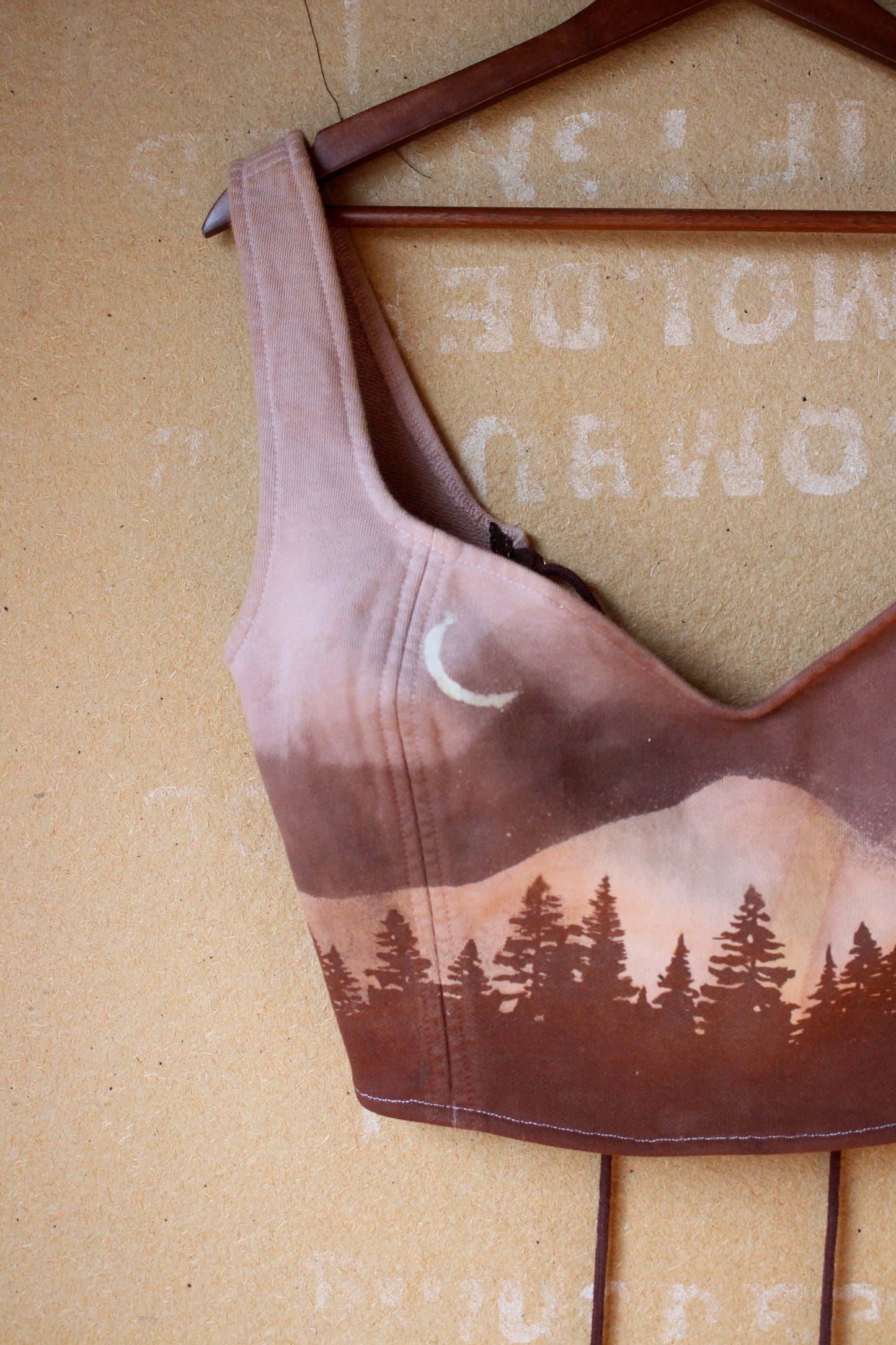 Large - Mauve Forest moon Landscape Corset Bustier Top- Screen printed - and stenciled - Made from 100% Cotton french terry thick sturdy heacy weight