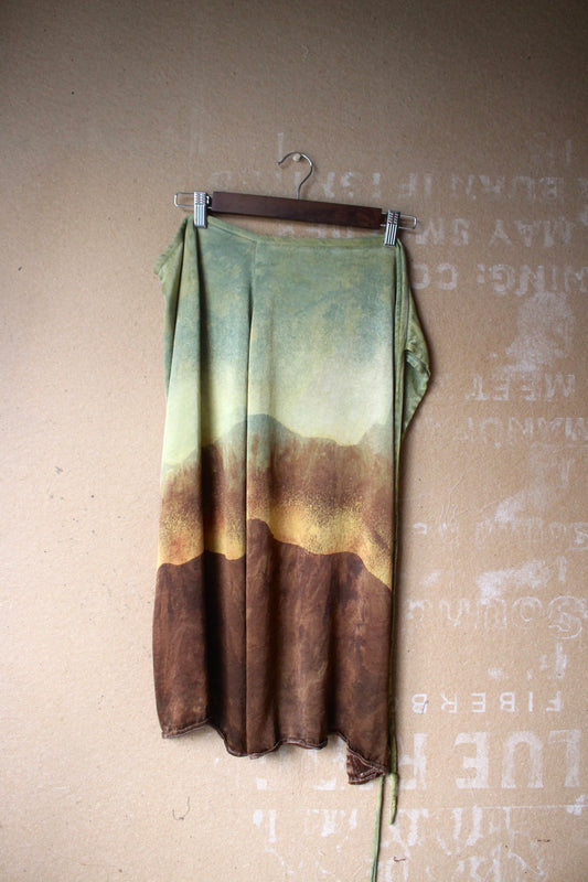 M/L/XL - Mountain Serenity Tapestry landscape wrap skirt - Green/Yellow hues orange peel wast sillk fabric