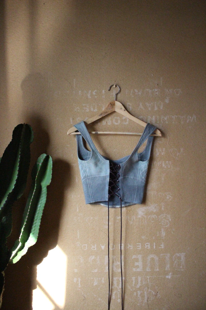 XS - Serpent Bones Ciontinuum- Light Blue Corset Top- Full Length  - 100% Heavy Weight Cotton French Terry - Deadstock Fabric (Copy)