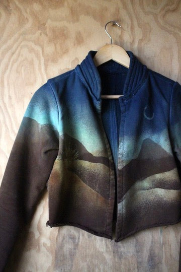 XS -Midnight Landscape - Crescent Moon - Cropped Cadet Jacket  - 100% Cotton french Terry Thick sturdy heavy weight - warm - Deadstock fabric - High collar-