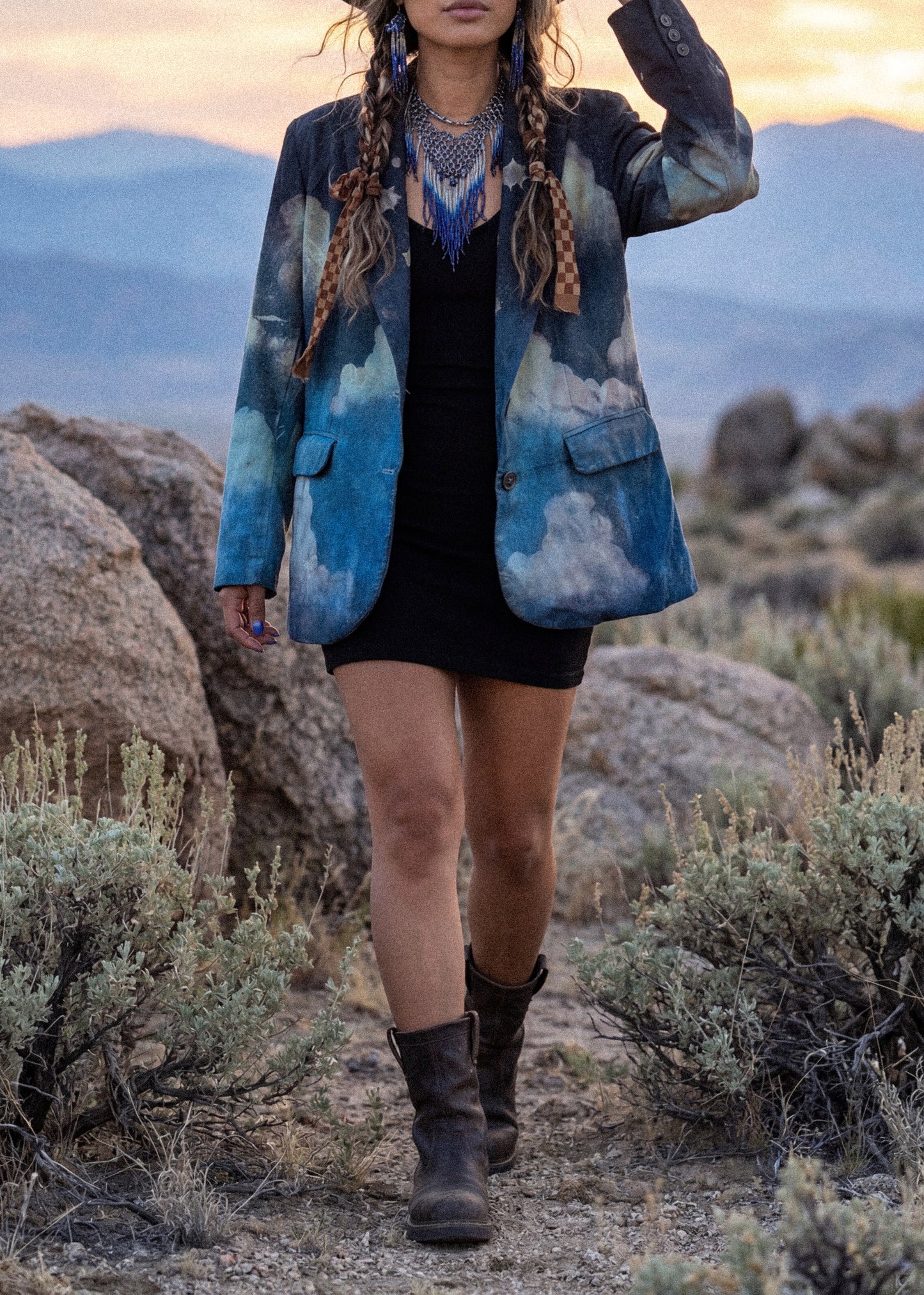 Small - Business with the Midnight Sky Blazer -Linen - Upcycled - Small - padded shoulder - Business Playful