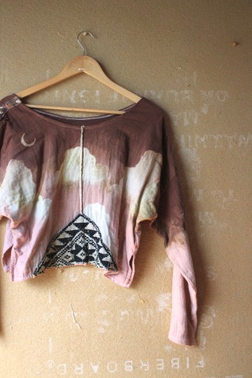 Medium - OOAK - Muave CLoudy Sky Slouchy Long Sleeve Top -Integration- 100% Heavy weight triple layered Cotton Gauze - Feather trim shoulders- Slight Crop. Vintage hmong hilltribe vietnamese patch hand woven