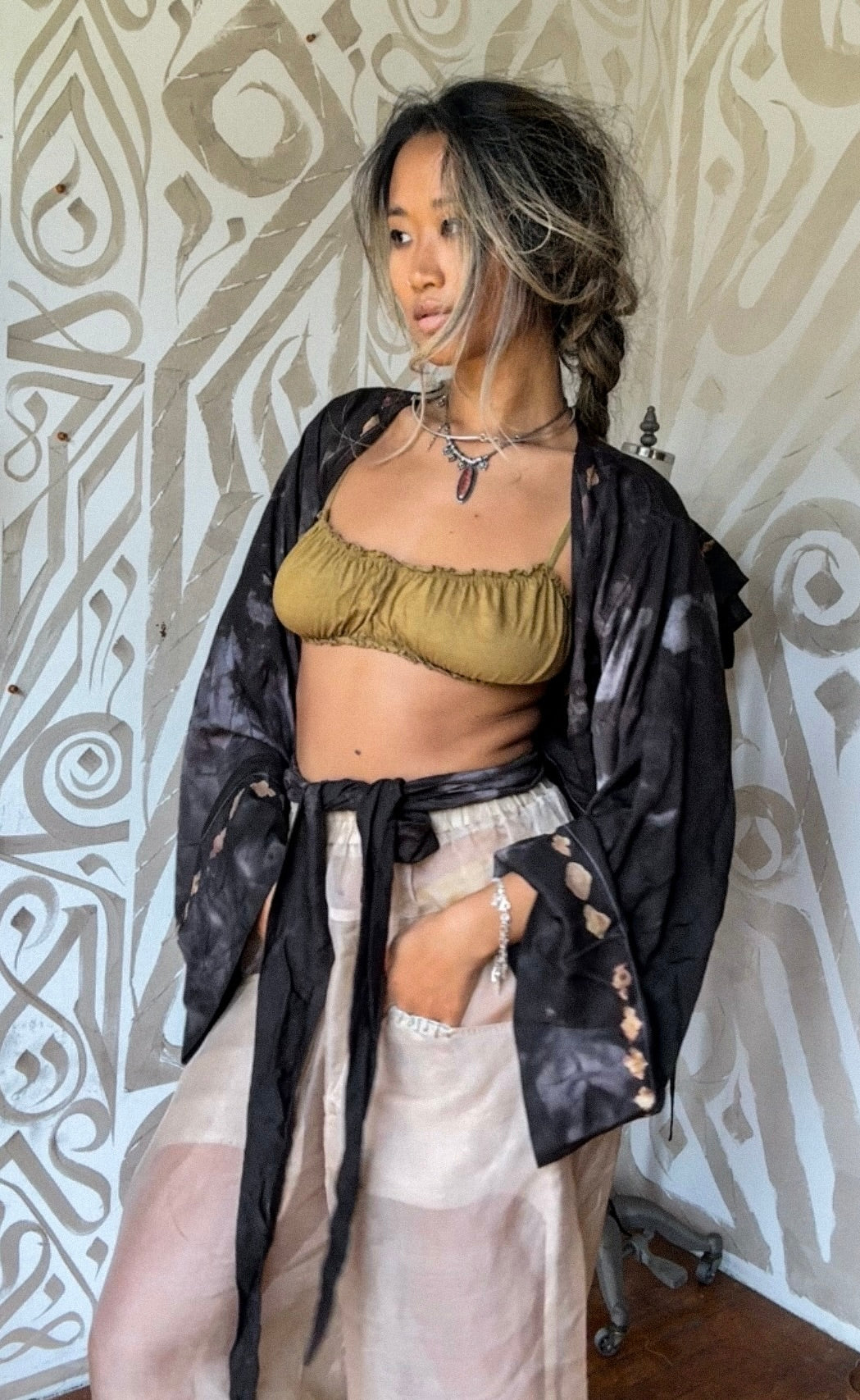 New! MTO- SMOKE Wrap Top- Lotus plant waste vegan Silk- Limited Series- Bell Sleeve Wrap