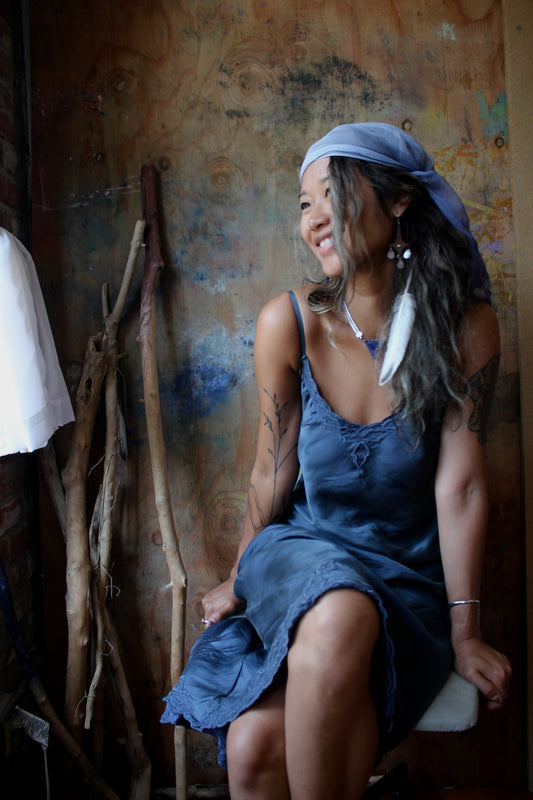 Made to Order- Blue Depths/Green Shiso Embroidered Silk Bias Dress- 3-4 weeks Mto- Mini or Midi Handmade in Hanoi Vietnam