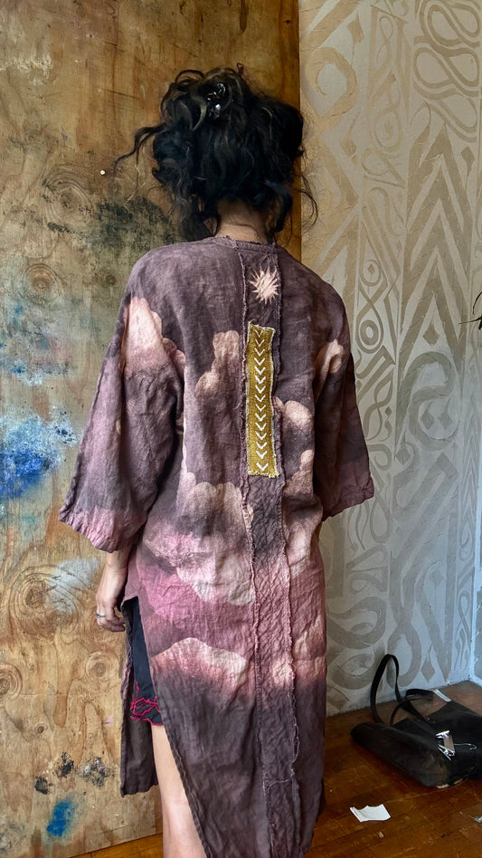 New! Small/medium/Large - A Walk in the park Duster Robe - Hand embroidered- Organic Linen