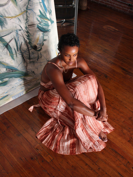 Zhinh Rise RTS Scrunch MAXI SKIRT- 3 COLORWAYS Scrunch Skirt for Matching Set - 100% Silk- Lapis Lazuli/Sand Stone/Black Obsidian -Made to Order 3-4 weeks- 100% Vietnamese hand loomed silk - hand dyed