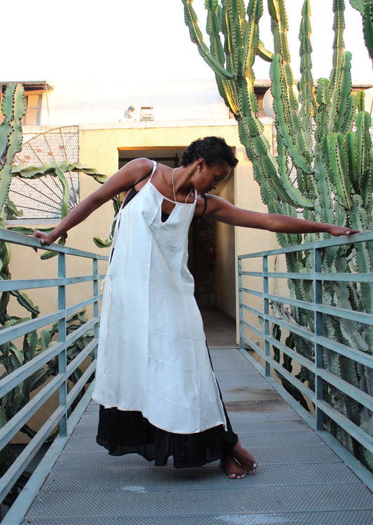 Ready To Ship - White Calcite -The Zhinh-Dai Dress -Reversible color and neckline- Made in Hanoi, Vietnam