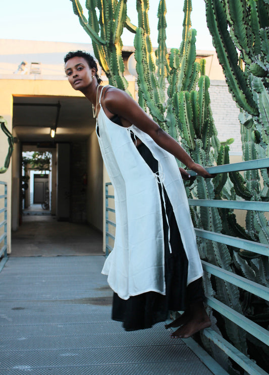 Ready To Ship - White Calcite -The Zhinh-Dai Dress -Reversible color and neckline- Made in Hanoi, Vietnam