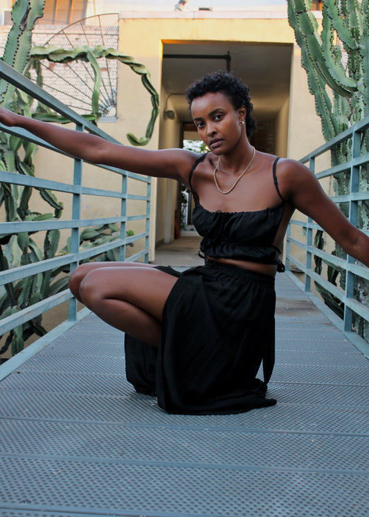 Zhinh Rise - RTS Black Scallop flow pants -- Soft Silk/Linen- Made in Vietnam