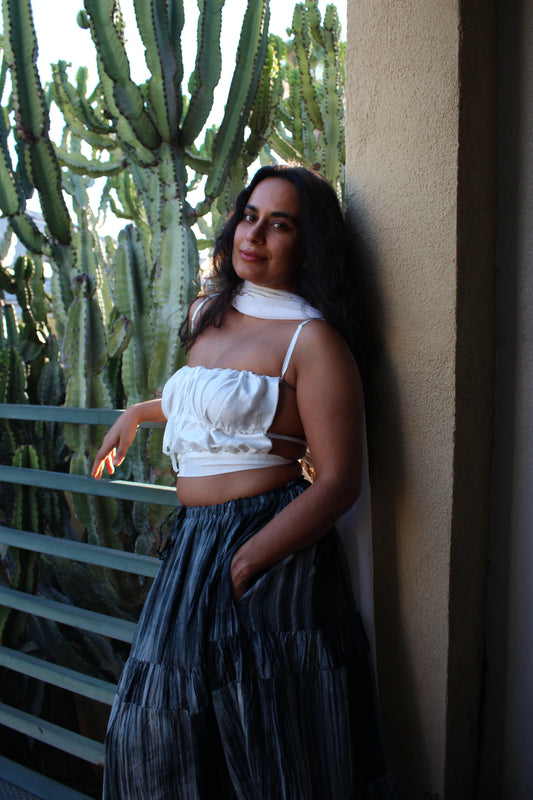 Black or White- Scrunch Crop Top -Pair with a Matching Skirt 100% Vietnamese hand loomed silk