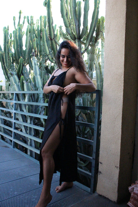 Ready to ship- Black Obsidian- The Zhinh-Dai Dress -Reversible color and neckline- Made in Hanoi, Vietnam