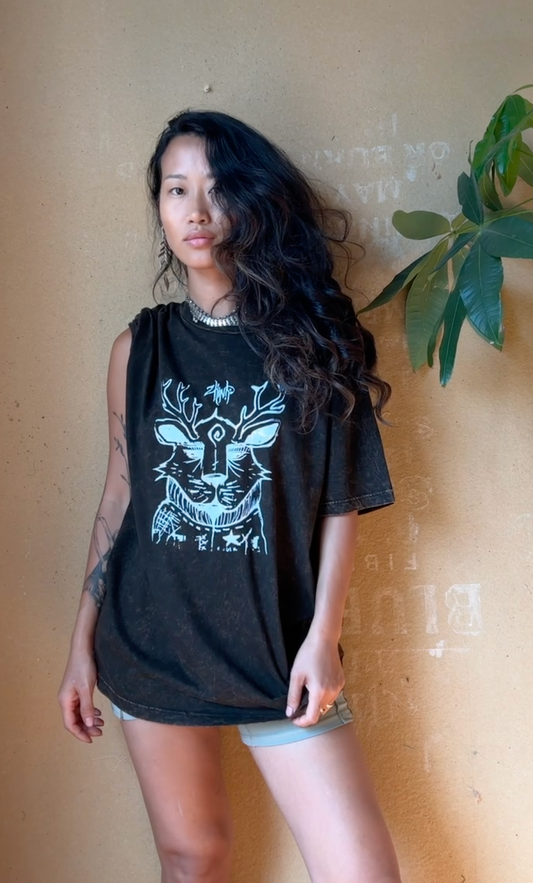 S/M/L - ROGER - Unisex Zhinh T-shirt - Dark Brown/Black Mineral Washed - Screen Printed