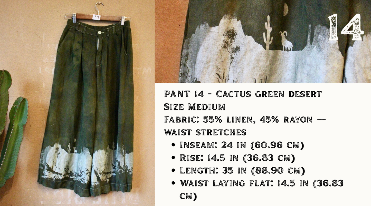 Medium - Cactus Green Desert Pants -Screen Printed - Wide Legged -  55% linen, 45% rayon (stretchy waistband)