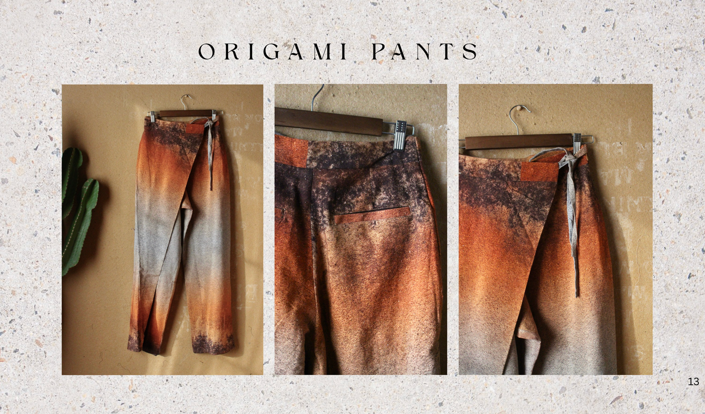 1 SMALL -Ready to Ship-New Printed Origami Pants - OXIDATION of the World - 100% Organic Kala Cotton - handwoven- Rain fed Cotton