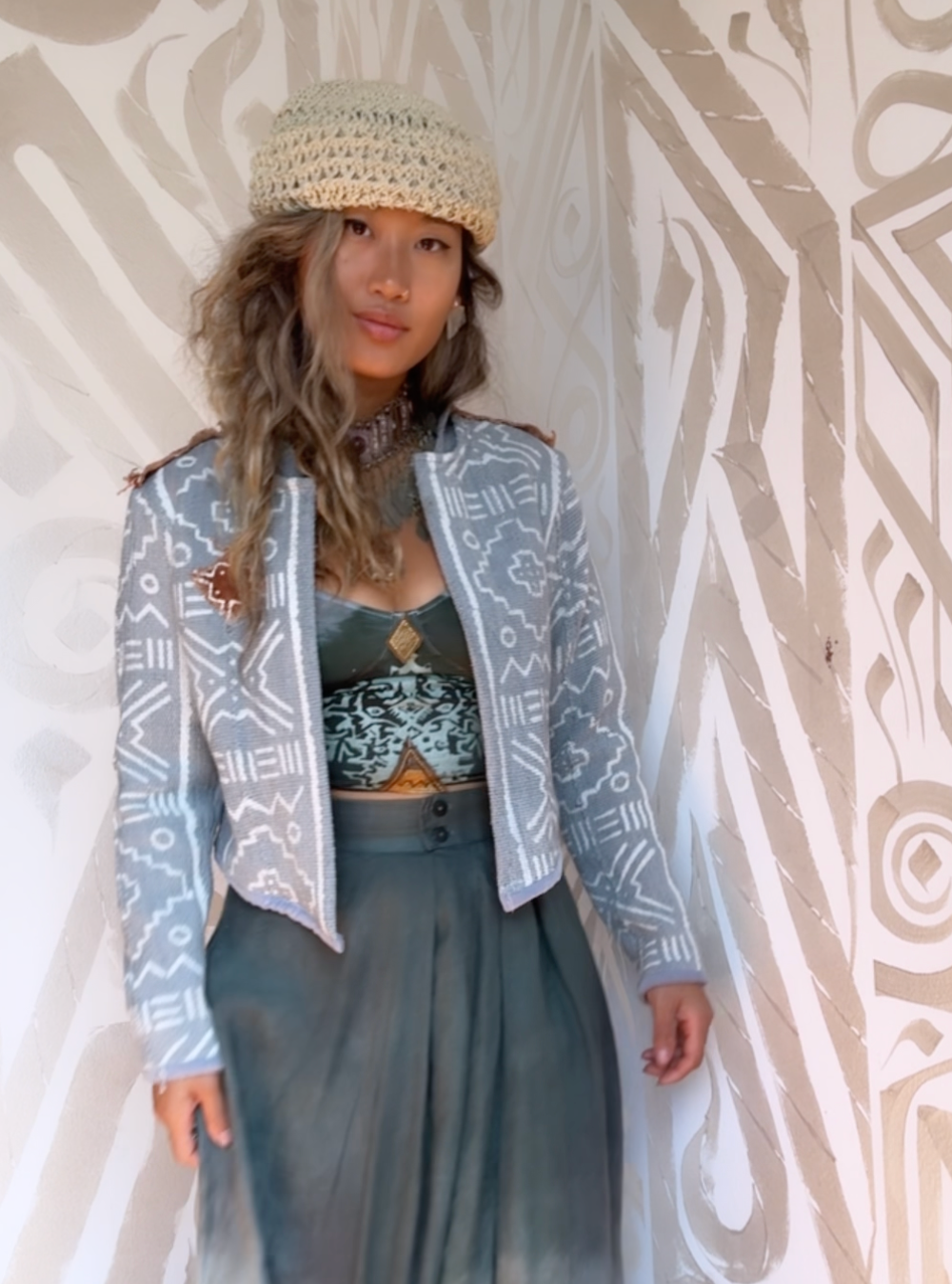 Blue Clay - 2 Mud Cloth Crop Jacket Custom Slots - Statement Jacket - Plant/Dyed Mud Dyed Printed Hand woven 100% Cotton - Authentic African Mud Cloth