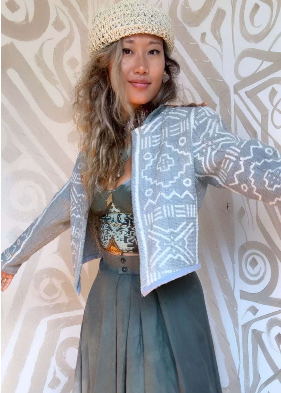 Blue Clay - 2 Mud Cloth Crop Jacket Custom Slots - Statement Jacket - Plant/Dyed Mud Dyed Printed Hand woven 100% Cotton - Authentic African Mud Cloth