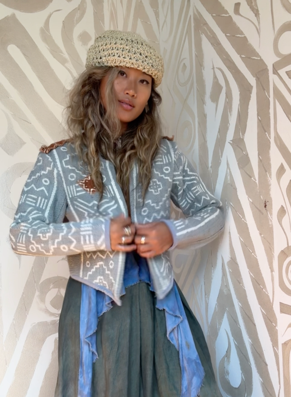 Blue Clay - 2 Mud Cloth Crop Jacket Custom Slots - Statement Jacket - Plant/Dyed Mud Dyed Printed Hand woven 100% Cotton - Authentic African Mud Cloth