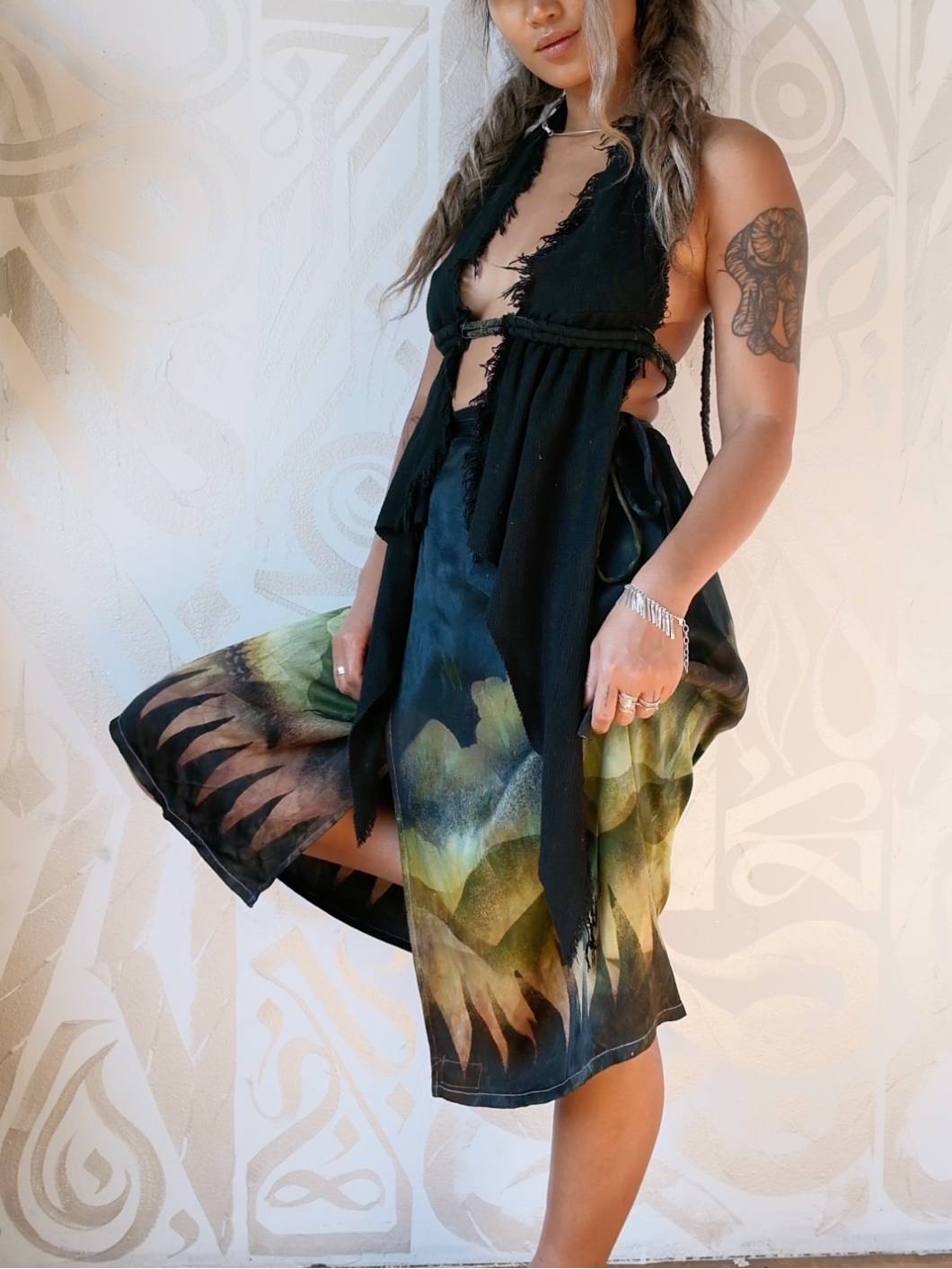 S/M - Mysteries of the Mountains - Tapestry Wrap Skirt- Orange Peel Waste Cellulose  vegan "silk"